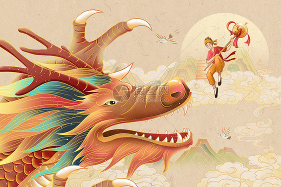 龙神赐福龙抬头中国传统节日国风手绘插画图片