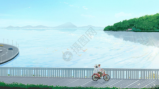 骑单车去旅行唯美风景插图背景图片