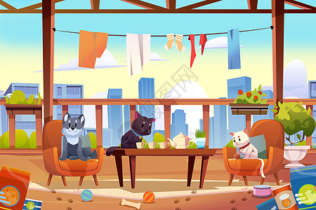猫粮主图萌宠宠物阁楼阳台可爱的猫狗玩闹卡通插画插画