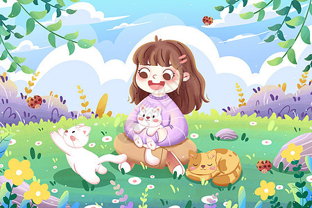 春天女孩与猫咪春游卡通插画图片