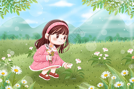 春天草地上采花的小女孩春游插画图片