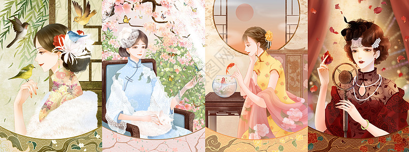 38女王节穿旗袍的女子复古集合插画插画