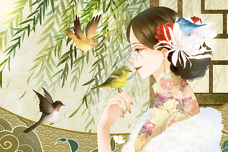 穿旗袍逗鸟的女子复古中国风横板插画图片