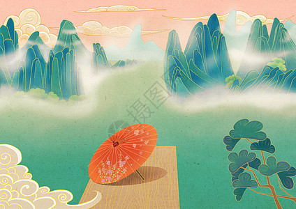 中国风伞绿色国潮山水背景插画插画