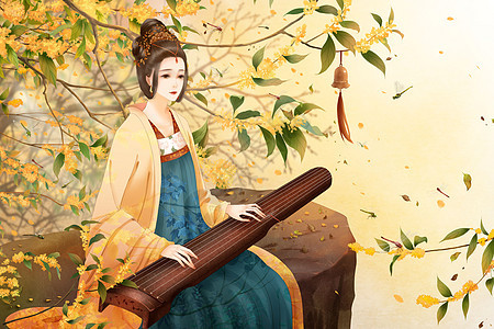 弹古筝的古代女子古风插画中国风背景图片