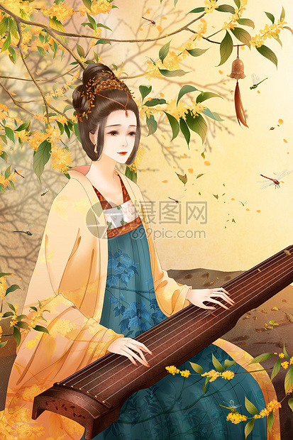 弹古筝的古代女子古风插画中国风图片