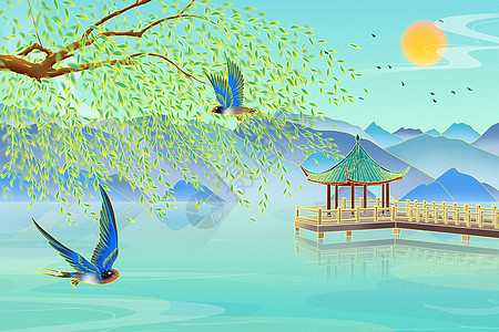 二十四节气春分山水燕子柳树国风手绘插画背景图片