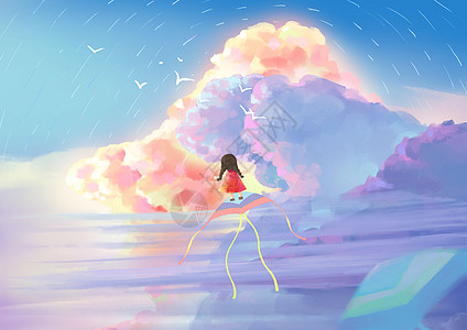 梦幻治愈系小女孩乘着风筝飞往云层卡通插画图片