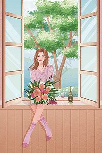 小清新38女神节坐在窗台手捧鲜花的女神插画高清图片