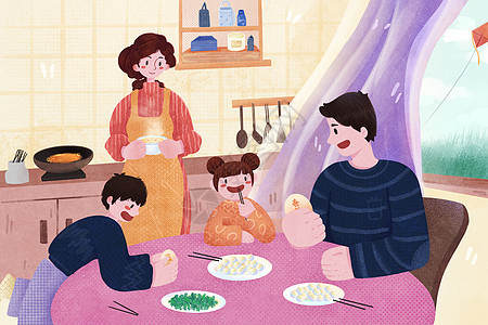 春分一家人吃春菜卡通插画背景图片