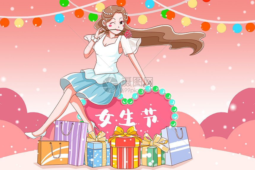 女生节之坐在爱心上的女孩卡通插画图片