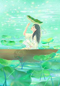 绿色荷叶池塘乘着小船划船之24节气风光插画图片