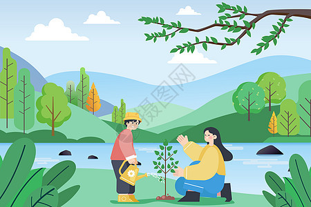 植树节妈妈带着孩子在郊外植树背景图片
