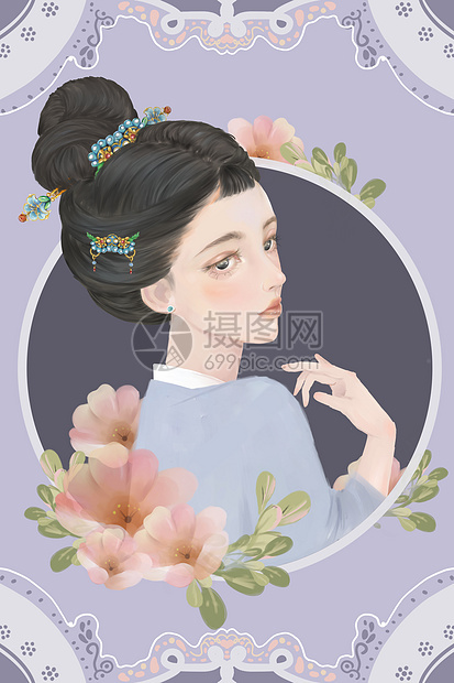 淡紫色国潮古风汉服女生插画图片