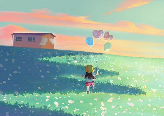 春天草地上拿气球奔跑着的女孩小清新插画图片