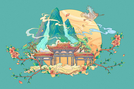 树木风景清明节国潮古风仙鹤高山流水风景插画插画