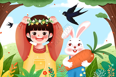女孩和小兔子在林中玩耍高清图片