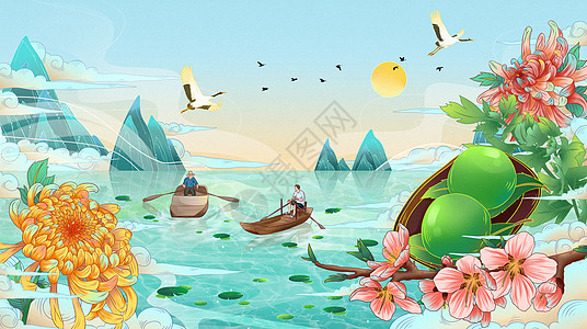 节日主题清明国潮手绘山水风景插画图片