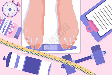 减肥尺子俯视女孩脚部在电子秤上秤体重插画
