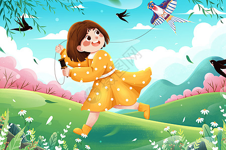 春季出游放风筝女孩二十四节气春分插画图片