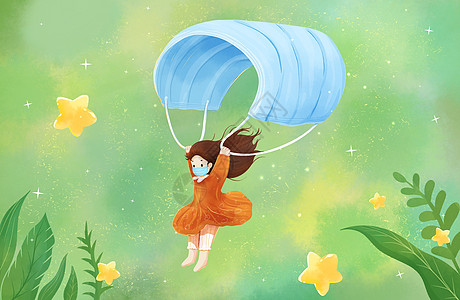 可爱梦幻女孩口罩降落伞创意防疫插画高清图片