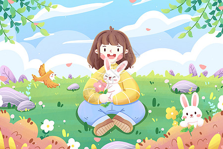 疯狂动物城兔子清新春季女孩踏青出游插画插画