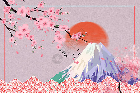 富士山樱花边框背景图片