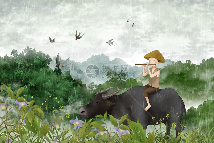 谷雨放牛的牧童田园插画图片
