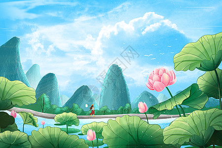 清凉夏立夏小清新夏季风景插画