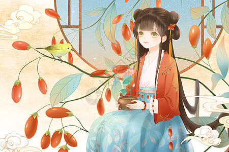 中草药拟人枸杞古风插画图片素材
