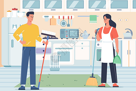 冰箱素材51劳动节夫妻情侣在家打扫卫生插画