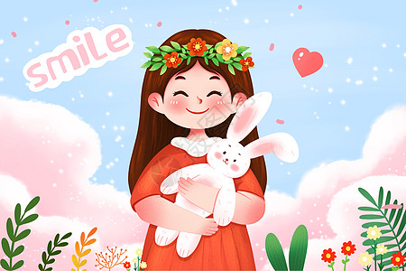 国际微笑日抱着玩具开心微笑的女孩插画