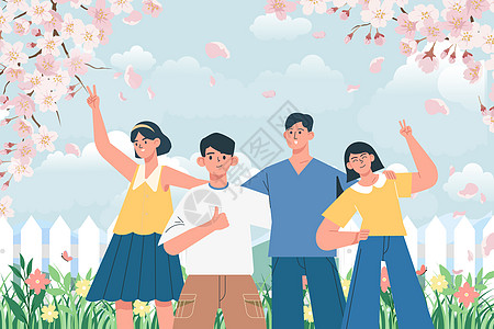 大学生户外看书五四青年节学生年轻人出游赏樱花插画