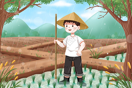 谷雨下雨天稻田里的农民插画图片