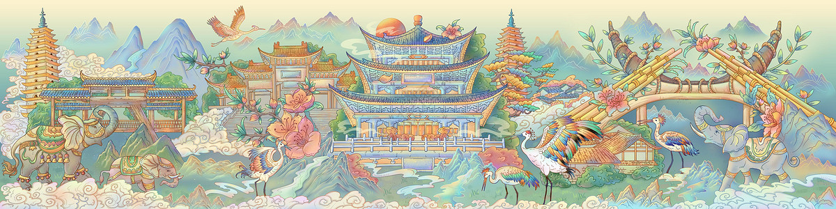 享受城市风景国潮云南城市风景长卷插画插画