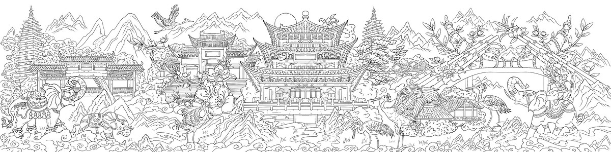 建筑线稿国潮风云南城市风景长卷线稿插画插画