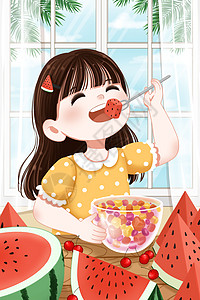 夏天立夏吃西瓜的女孩插画图片