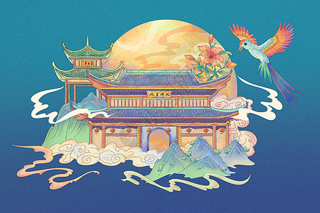 中国城市风景唯美国潮风长沙城市风景古式建筑插画插画