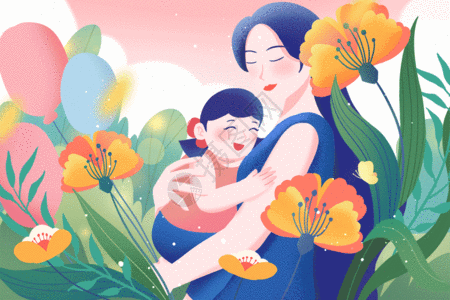 母亲节温馨花丛母女拥抱扁平插画GIF图片