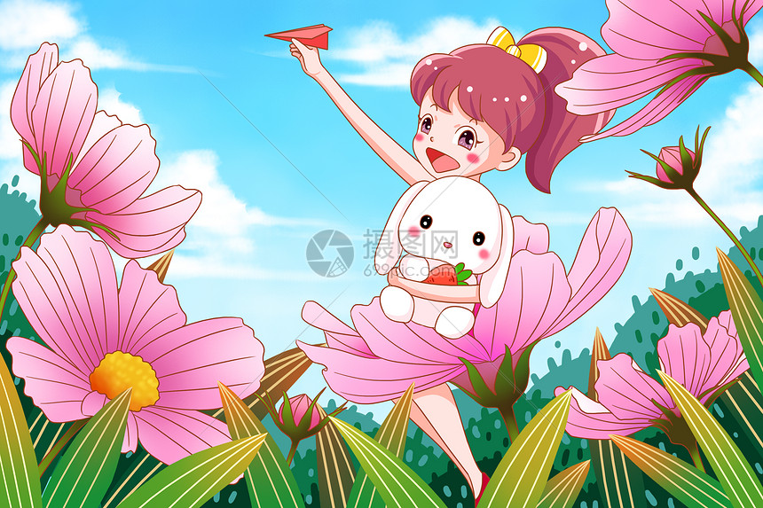 儿童节花丛中抱着玩具兔子拿着纸飞机的小女孩图片