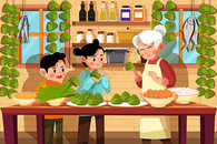 端午节孙子孙女和奶奶一起在家包粽子过端午图片