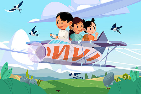 六一儿童节大冒险孩子们驾驶飞机和小鸟飞行天空高清图片