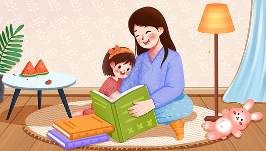 西瓜母亲陪伴孩子给孩子读书插画插画