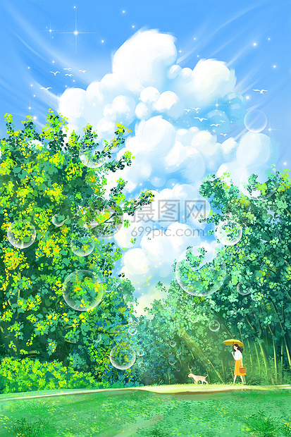 立夏夏日森林蓝天白云插画图片