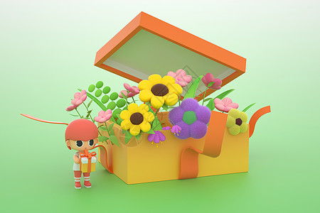 C4D创意毛绒黏土花朵礼盒场景高清图片