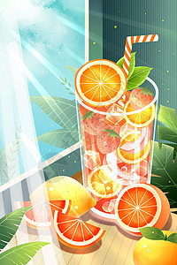 柠檬西柚夏日冰饮冷饮水果插画图片