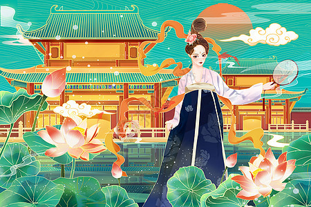 国潮古风中国风夏季山水建筑古典美女插画图片