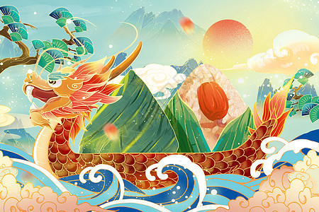 中国风国潮端午节赛龙舟粽子背景插画图片