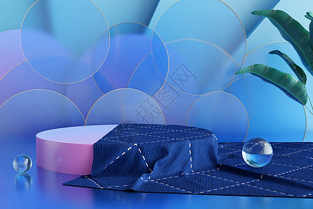 蓝色玻璃格纹布料展台背景高清图片