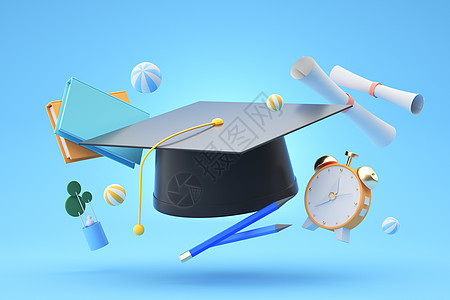 闹钟插画3D毕业帽悬浮背景设计图片